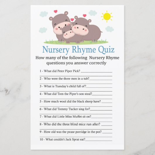 Hippo Nursery Rhyme Quiz baby shower game (Voorkant)