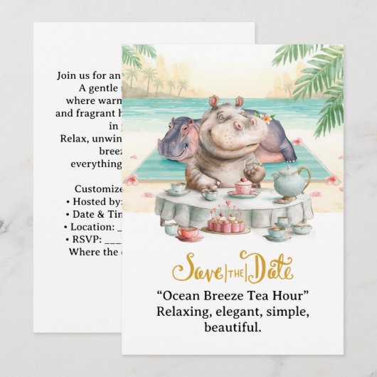 Hippo Ocean Breeze Tea Hour Invitation Kaart (Voorkant / Achterkant)