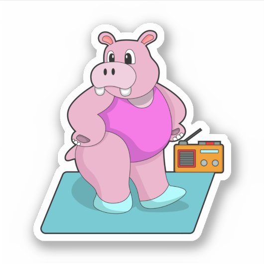 Hippo op fitness met Radio.PNG Sticker (Voorkant)