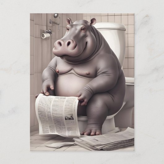 Hippo op het toilet lezen kranten briefkaart (Voorkant)