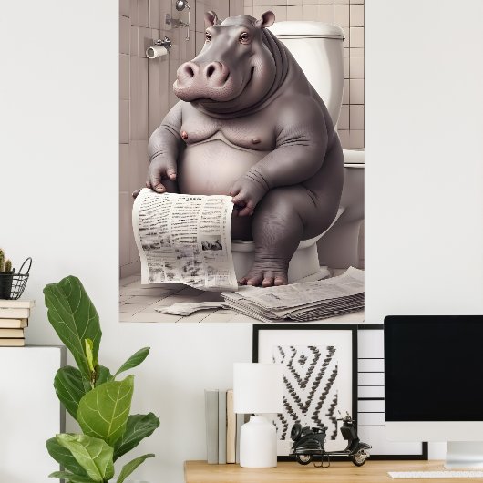 Hippo op het toilet lezen kranten poster (Thuiskantoor)