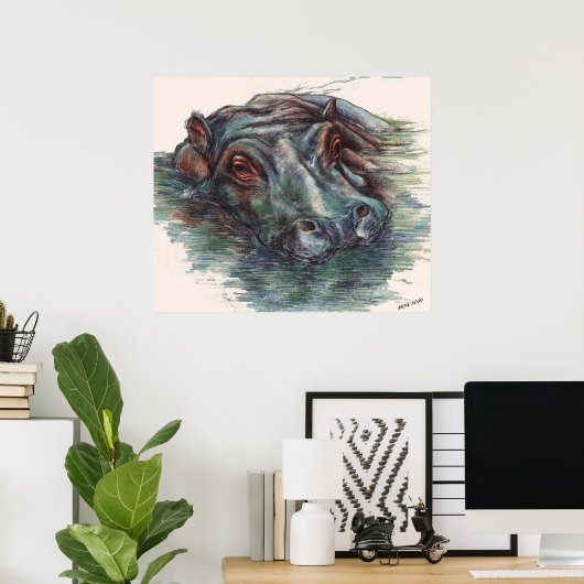 Hippo Painting Hippopotamus Portrait Poster (Thuiskantoor)