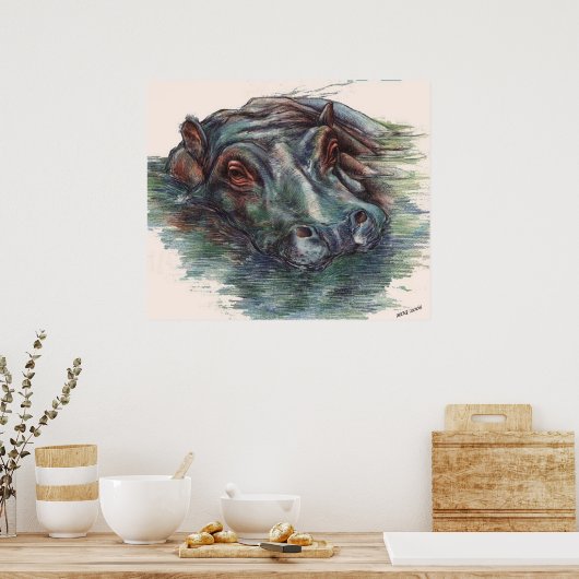 Hippo Painting Hippopotamus Portrait Poster (Keuken)