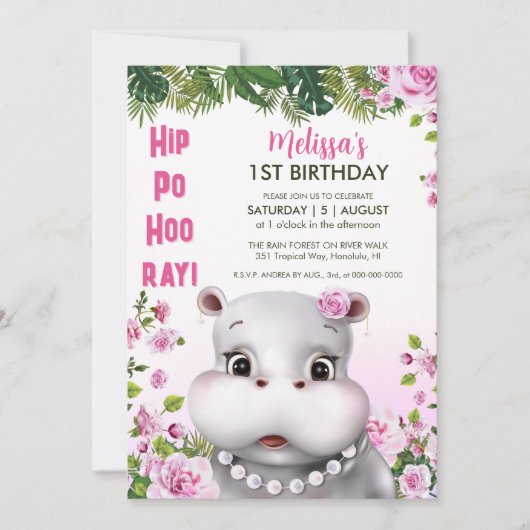 Hippo Parels Roze Bloemmeisje Verjaardag Kaart (Voorkant)