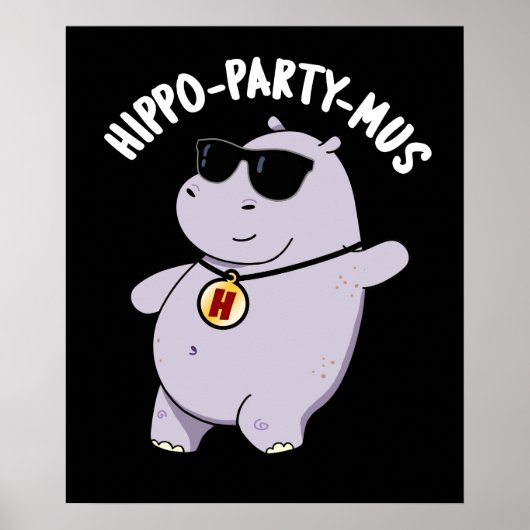 Hippo-party-mus Funny Animal Hippo Pun Dark BG Poster (Voorkant)