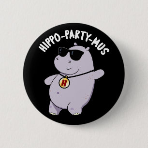 Hippo-party-mus Funny Animal Hippo Pun Dark BG Ronde Button 5,7 Cm
