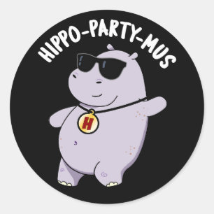 Hippo-party-mus Funny Animal Hippo Pun Dark BG Ronde Sticker