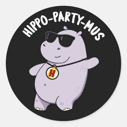 Hippo-party-mus Funny Animal Hippo Pun Dark BG Ronde Sticker (Voorkant)