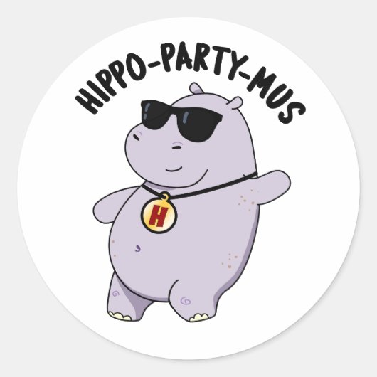Hippo-party-mus Funny Animal Hippo Pun Ronde Sticker (Voorkant)