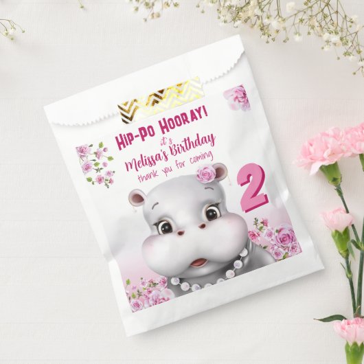 Hippo Pink Floral Girl Birthday Bedankzakje (Gezegeld)