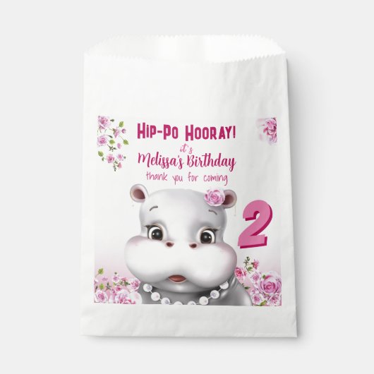Hippo Pink Floral Girl Birthday Bedankzakje (Voorkant)