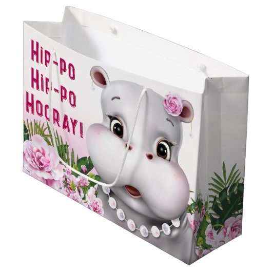 Hippo Pink Floral Girl Birthday Groot Cadeauzakje (Voorkant Gekanteld)