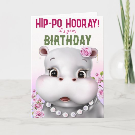 Hippo Pink Floral Girl Birthday Kaart (Voorkant)