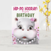 Hippo Pink Floral Girl Birthday Kaart (Gele Bloem)