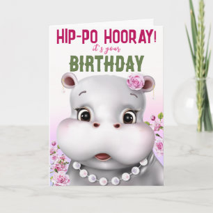 Hippo Pink Floral Girl Birthday Kaart