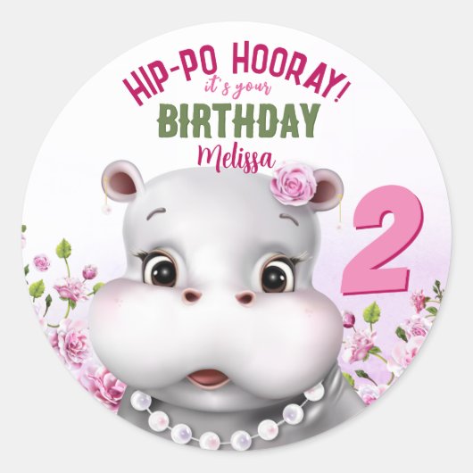 Hippo Pink Floral Girl Birthday Ronde Sticker (Voorkant)