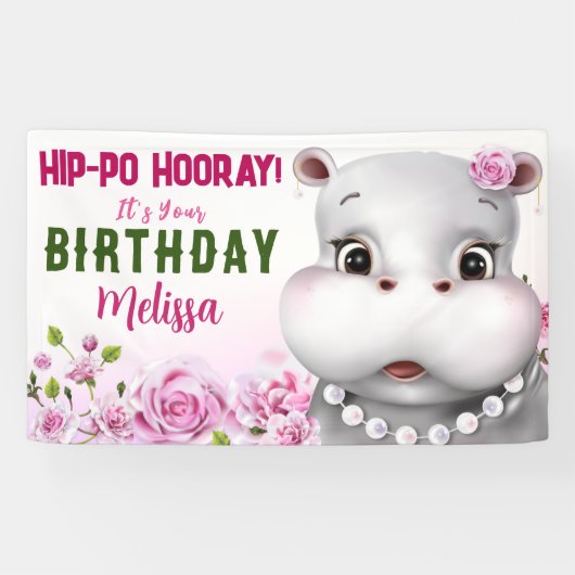 Hippo Pink Floral Girl Birthday Spandoek (Horizontaal)