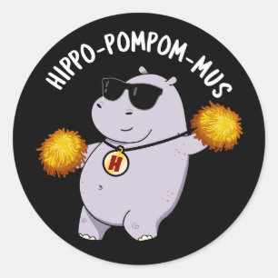 Hippo-pompom-mus Funny Animal Hippo Pun Dark BG Ronde Sticker
