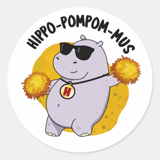 Hippo-pompom-mus Funny Animal Hippo Pun Ronde Sticker (Voorkant)