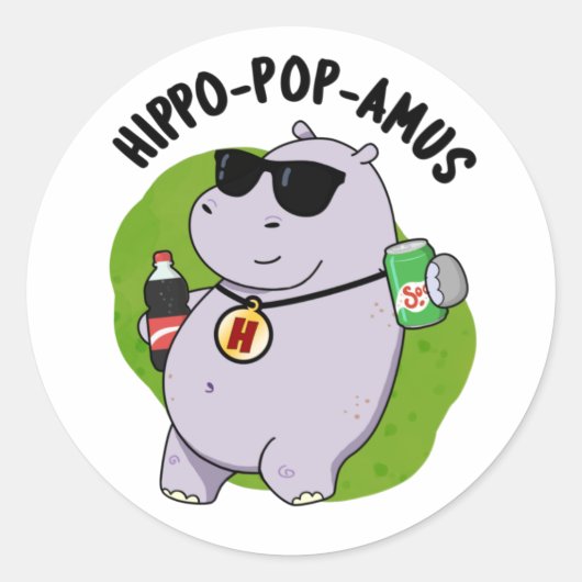 Hippo-pop-amus Funny Hippo Soda Pop Pun Ronde Sticker (Voorkant)