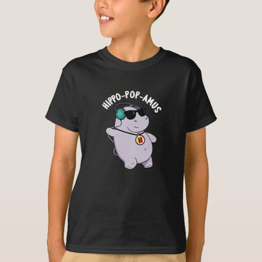 Hippo-pop-amus Funny Pop Music Hippo Pun Dark BG T-shirt (Voorkant)