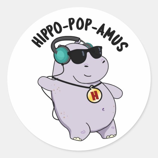 Hippo-pop-amus Funny Pop Music Hippo Pun Ronde Sticker (Voorkant)