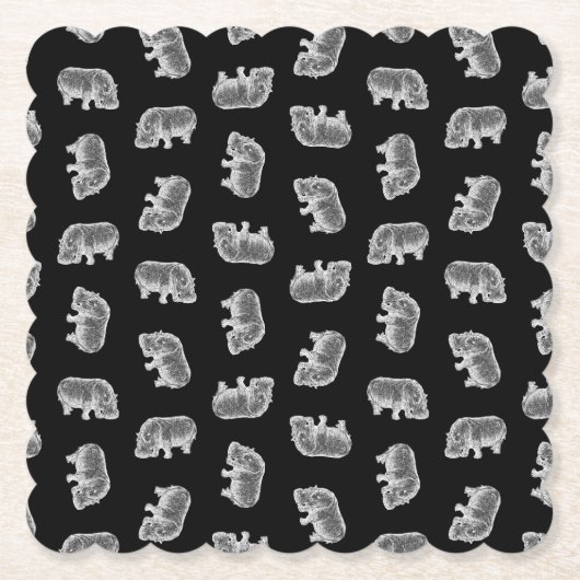  Hippo-printerpatroon Hippopotamus Art Black Kartonnen Onderzetters (Voorkant)