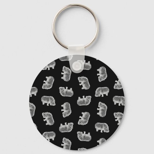 Hippo-printerpatroon Hippopotamus Art Black Sleutelhanger (Voorkant)