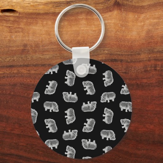 Hippo-printerpatroon Hippopotamus Art Black Sleutelhanger (Voorkant)