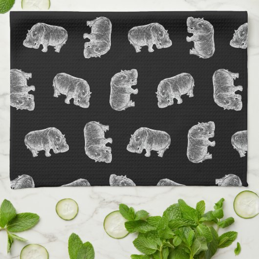  Hippo-printerpatroon Hippopotamus Art Black Theedoek (Gevouwen)