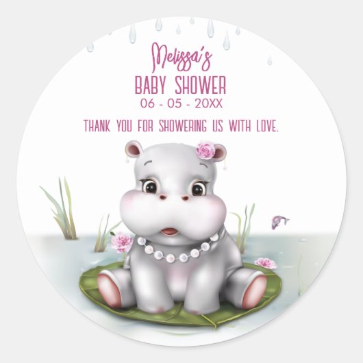 Hippo River Adventure Girl Baby shower Ronde Sticker (Voorkant)