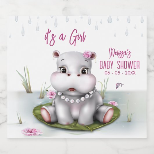Hippo River Adventure Girl Baby shower Sparkling Wijnetiket (Enkel label)