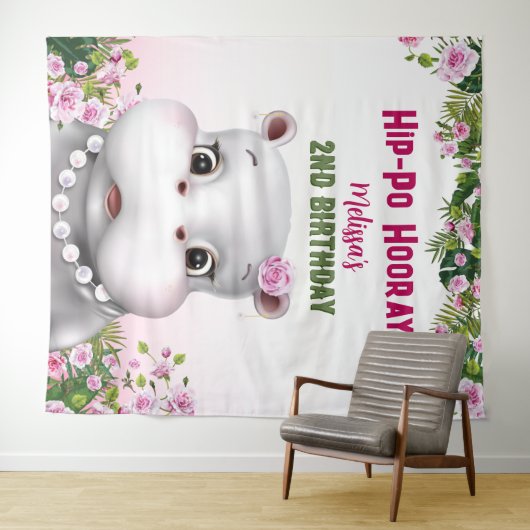 Hippo Roze Bloemen Meisje Verjaardag Achtergrond Wandkleed (In Situ (horizontaal))