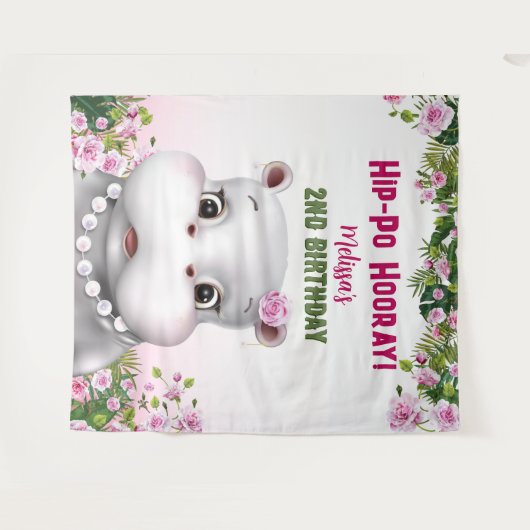 Hippo Roze Bloemen Meisje Verjaardag Achtergrond Wandkleed (Voorkant (horizontaal))