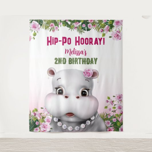 Hippo Roze Bloemen Meisje Verjaardag Achtergrond Wandkleed (Voorkant)