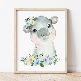 Hippo, Safari, Oerwoud, Blue Flowers, Boy Nursery Foto Afdruk