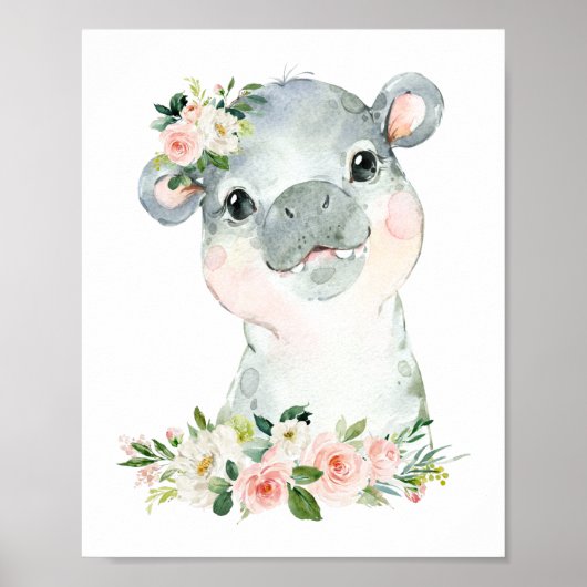 Hippo, Safari, Oerwoud, Roze Bloemen, Meisje Nurse Poster (Voorkant)
