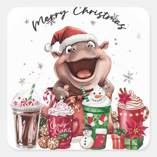 Hippo Santa Holiday Cheer Button Vierkante Sticker (Voorkant)