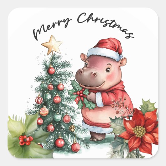 Hippo Santa Holiday Cheer Button Vierkante Sticker (Voorkant)