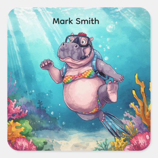 Hippo Scuba diver underwater Vierkante Sticker (Voorkant)