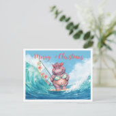 Hippo Surfer on Surf Board on Christmas Holiday Briefkaart (Staand voorkant)