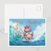 Hippo Surfer on Surf Board on Christmas Holiday Briefkaart (Voorkant / Achterkant)