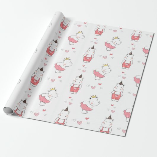 Hippo Valentijnse Love Pattern Cadeaupapier (Uitgerold)