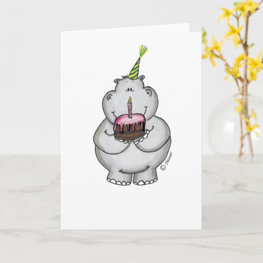 Hippo Verjaardag - Happy Birthday Kaart (Gele Bloem)