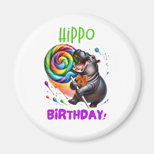 Hippo Verjaardag Vrolijk, Kleurrijk Snoep Swirl   Magneet