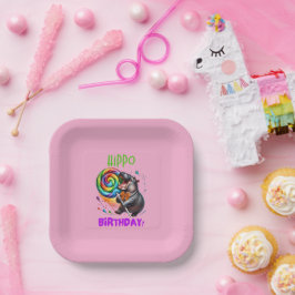 Hippo Verjaardag Vrolijk, Kleurrijk Snoep Swirl | Papieren Bordje