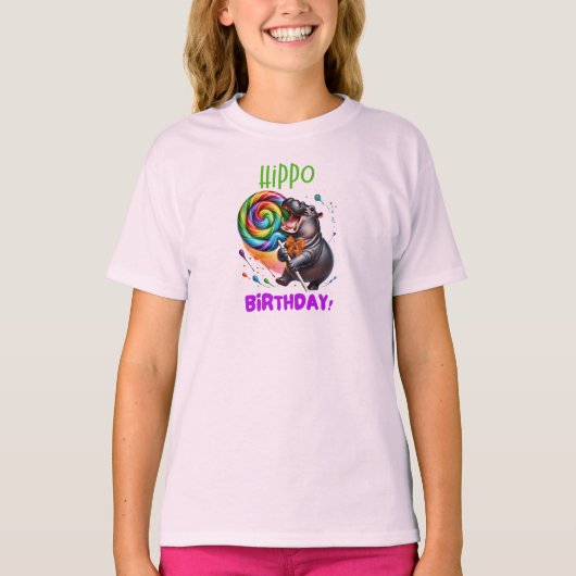 Hippo Verjaardag Vrolijk, Kleurrijk Snoep Swirl | T-shirt (Voorkant)