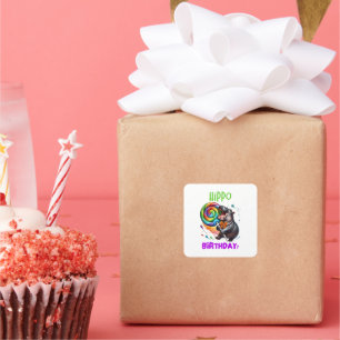 Hippo Verjaardag Vrolijk, Kleurrijk Snoep Swirl Vierkante Sticker