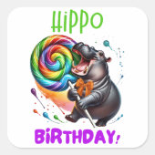 Hippo Verjaardag Vrolijk, Kleurrijk Snoep Swirl | Vierkante Sticker (Voorkant)
