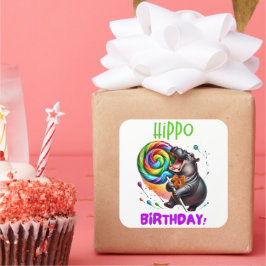 Hippo Verjaardag Vrolijk, Kleurrijk Snoep Swirl | Vierkante Sticker
